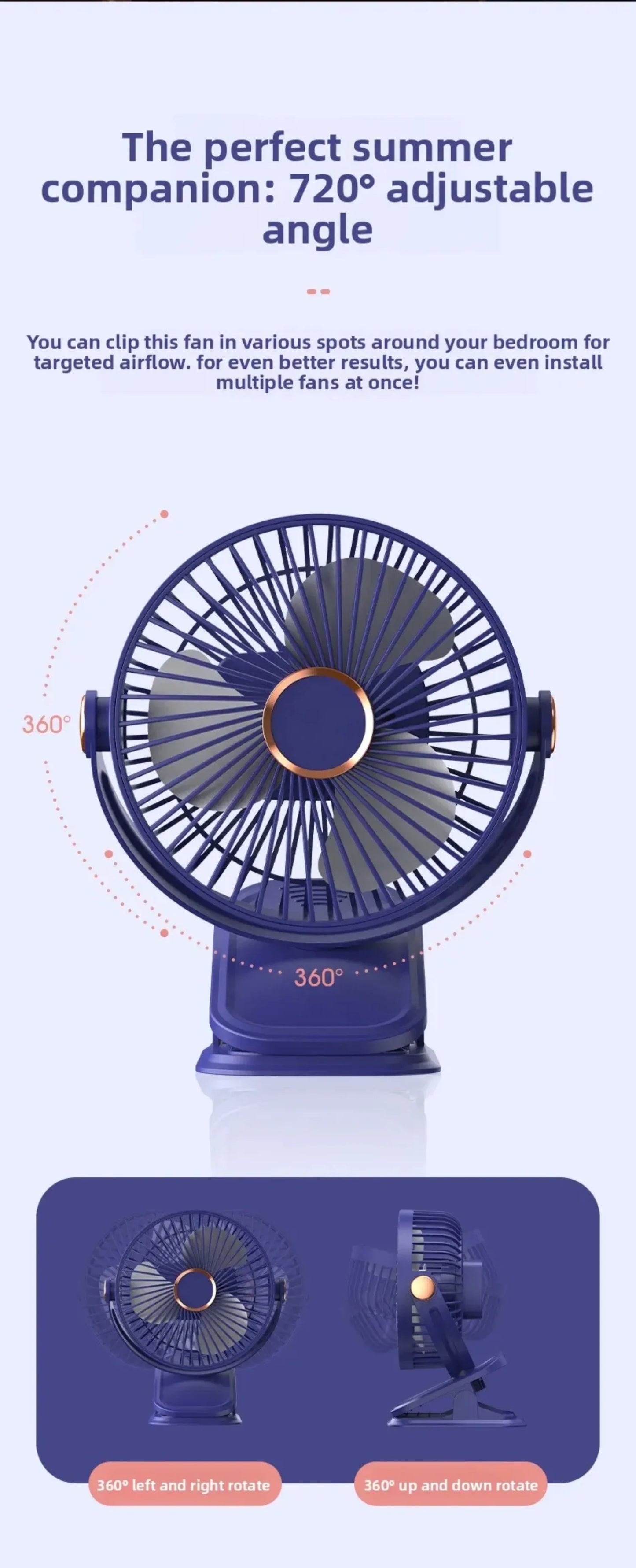 Portable Clip-on Fan 4-in-1 Quiet DC Brushless Motor Mini Desk Fan With 3Level Night Light 720° Rotation For Home Office Camping