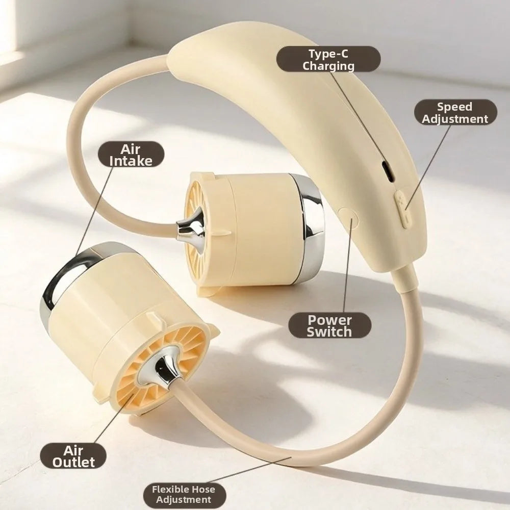 Low Noise Hanging Neck Fan 360° Bendable USB Rechargeable Neck Electric Fan Hands-Free Foldable Around Neck Cooler