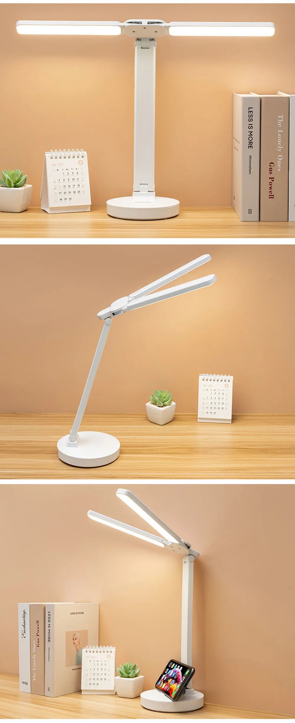 LED Desk Lamp USB Dimmable Touch Foldable Table Lamp with Calendar Temperature Clock Night Light for Study Reading Lamp