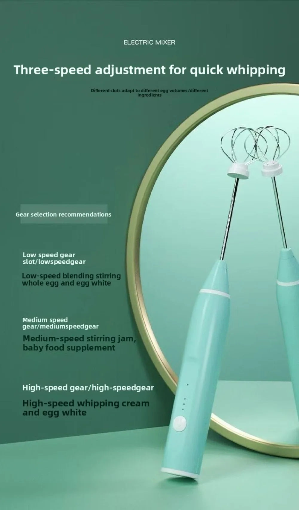 Handheld Electric Blender 3 Adjustable Speeds 2 Mixing Heads Electric Milk Frother Mini Portable Coffee Foamer Cream Whipping