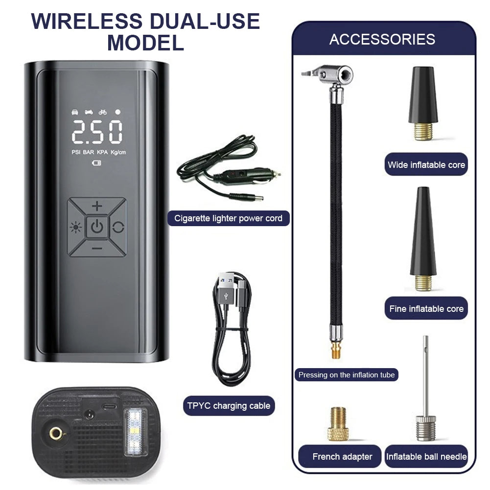 120W Handheld Air Compressor Wireless/Wired Without any battery Inflatable Pump Portable Air Pump Tire Inflator Digital for Car