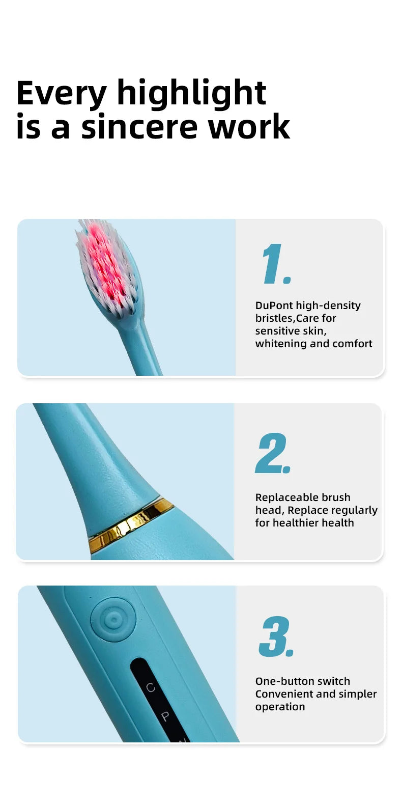 TOWODE Electric Toothbrush Smart Timing Tooth Brush USB Rechargeable Teeth Clean Whitening Sonic Toothbrush With Replacement Hea
