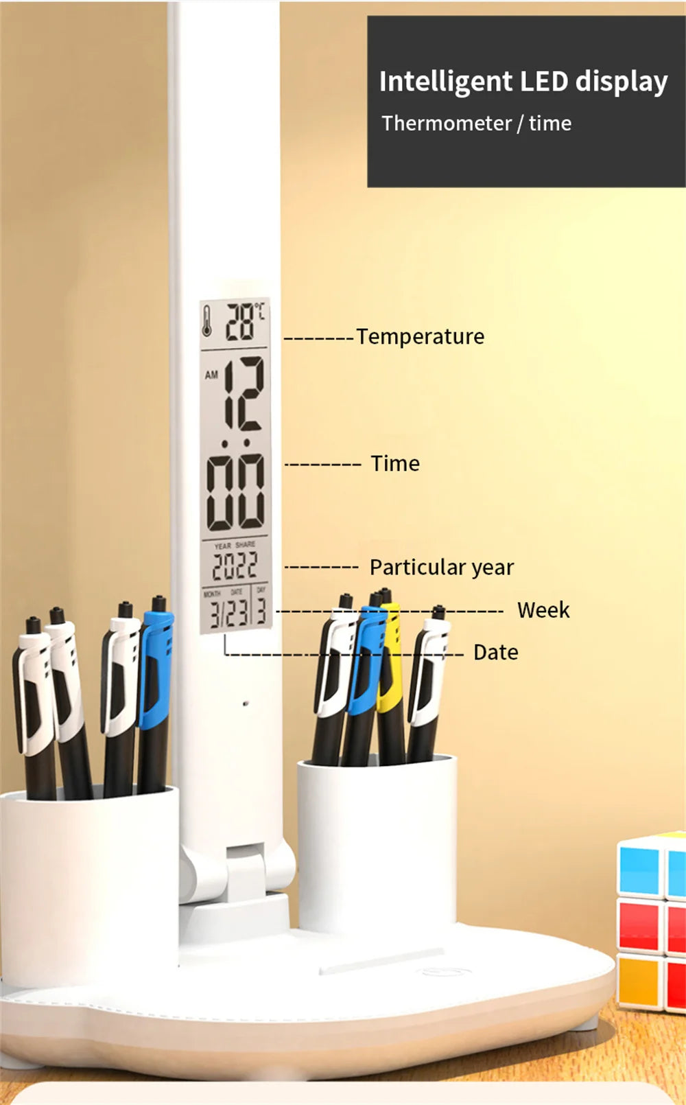 LED Desk Lamp USB Dimmable Touch Foldable Table Lamp with Calendar Temperature Clock Night Light for Study Reading Lamp