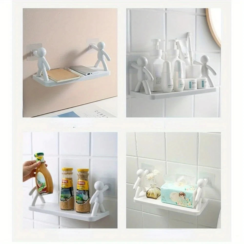 1pc Small Person Storage Rack Cartoon Non Punch Storage Rack Toilet Bathroom Cosmetics Storage Rack Seasoning Jar Sorting Rack