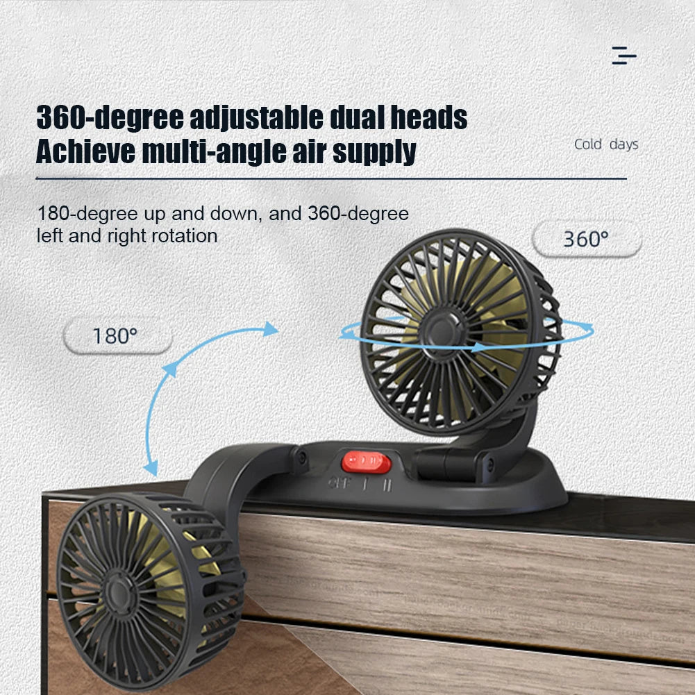 Dual-Head Car Fan 5V Cooling Car Fan 12V Cigarette Lighter 360° Rotatable Mini Ventilador Low Noise Universal Fan