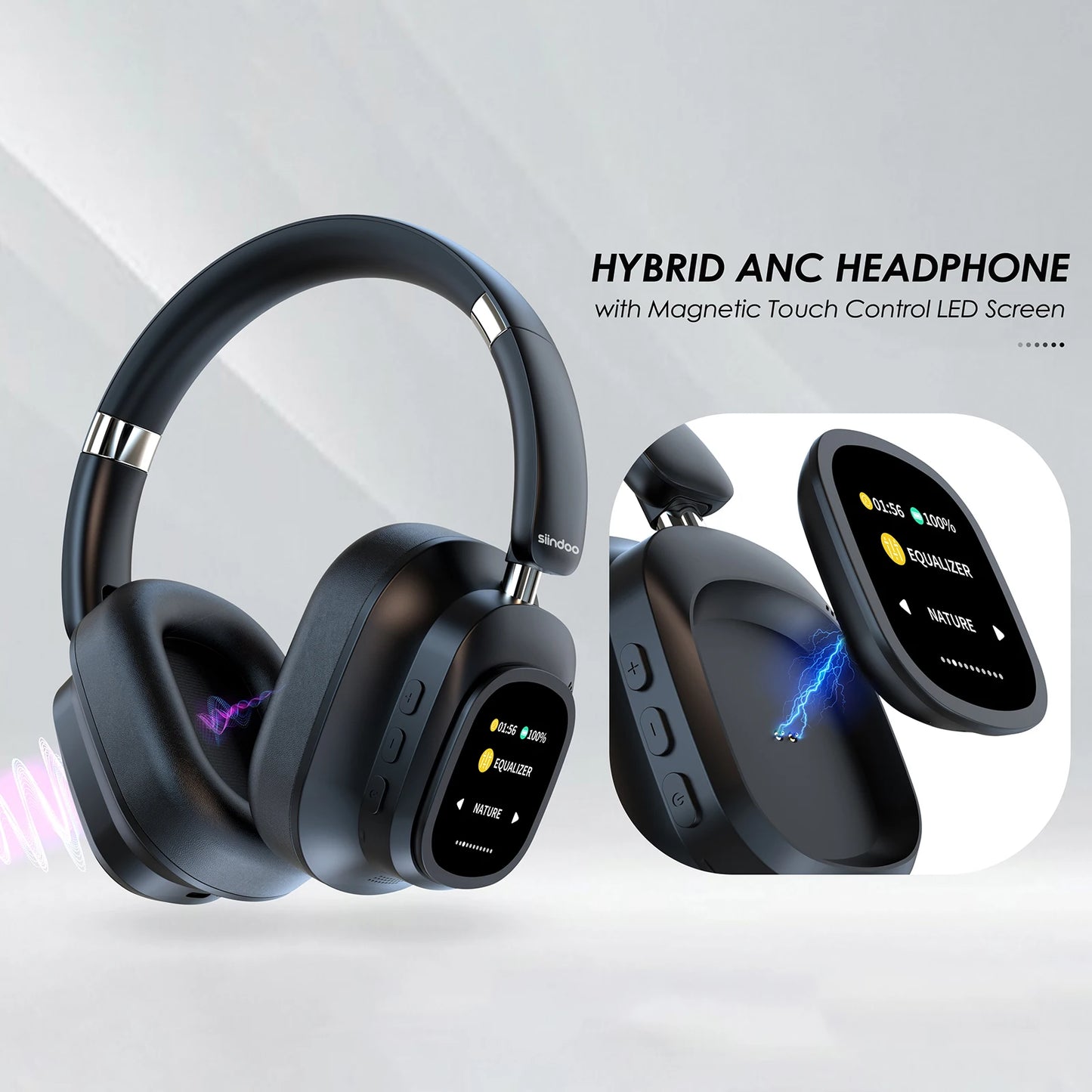 Siindoo NEWEST ANC930Plus Hybrid ANC Wireless Headphone, With Multi Magnetic Touch Control LED Screen AND APP Download 1GB MP3