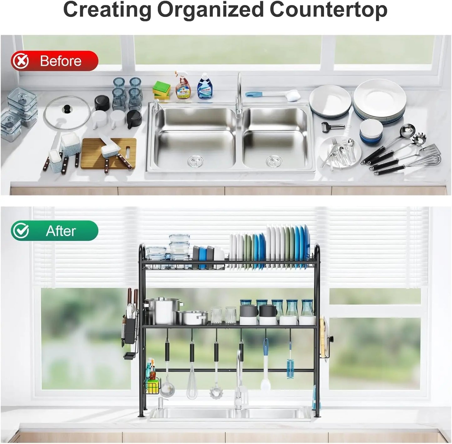 Over The Sink Dish Drying Rack, 2 Tier Above Sink Dish Drainer Drying Rack with Utensil Holder for Kitchen Counter, Rustproof