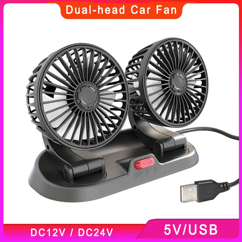 Dual-Head Car Fan 5V Cooling Car Fan 12V Cigarette Lighter 360° Rotatable Mini Ventilador Low Noise Universal Fan