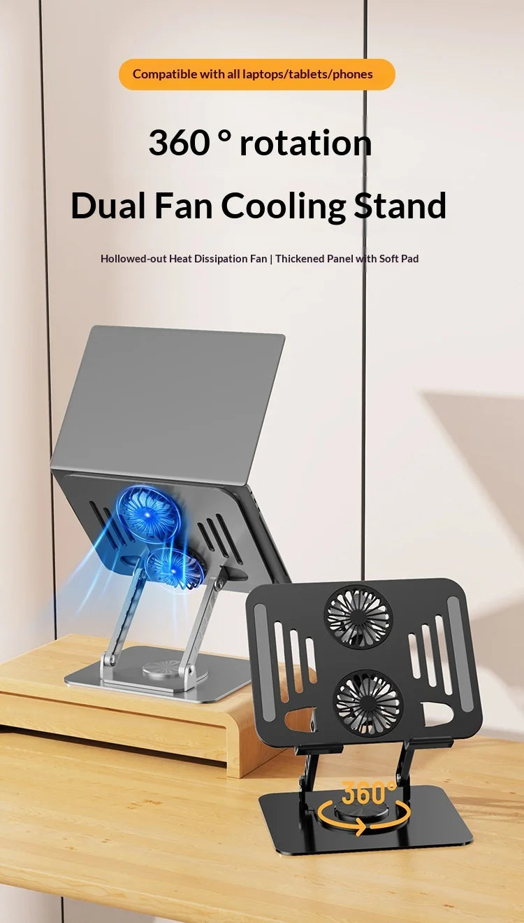 360 Degree Rotating Full Metal Laptop Cooling Bracket with Quiet Fan Ergonomic Laptop Stand for MacBook Lenovo Dell