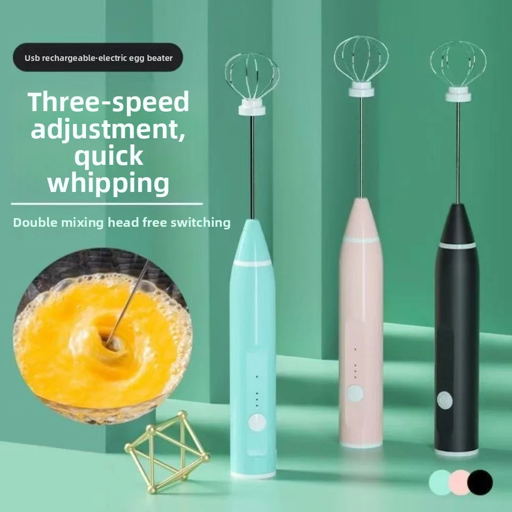 Handheld Electric Blender 3 Adjustable Speeds 2 Mixing Heads Electric Milk Frother Mini Portable Coffee Foamer Cream Whipping