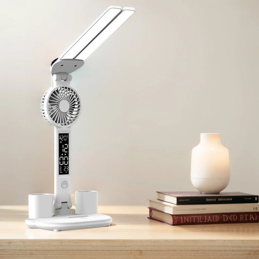 Folding Desk Lamp Fan Calendar Clock Display Dimmable Dual Head LED Desk Lamp Fan Eye Protection Reading Light for Bedroom Study