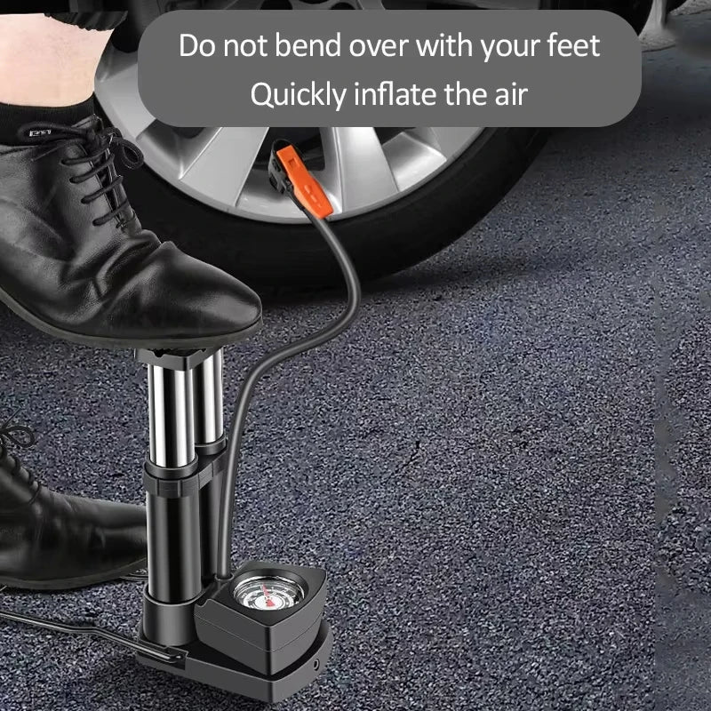 Heavy-Duty Bicycle Foot Pump with Pressure Gauge, Portable High Pressure Air Pump for Bike & Car Tires, Fast Inflation