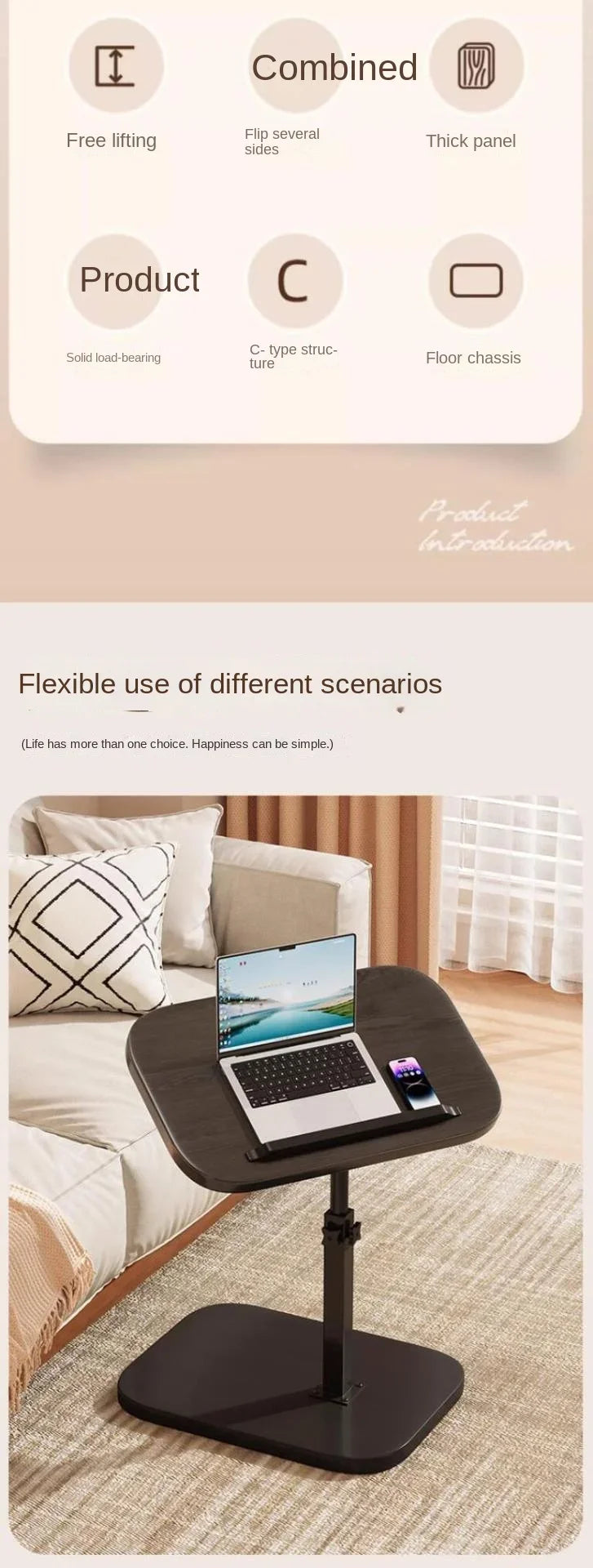 Modern Adjustable Height Sofa Side Table Multifunctional Woody Rotating Foldable Desktop for Living Room Bedroom Home Office