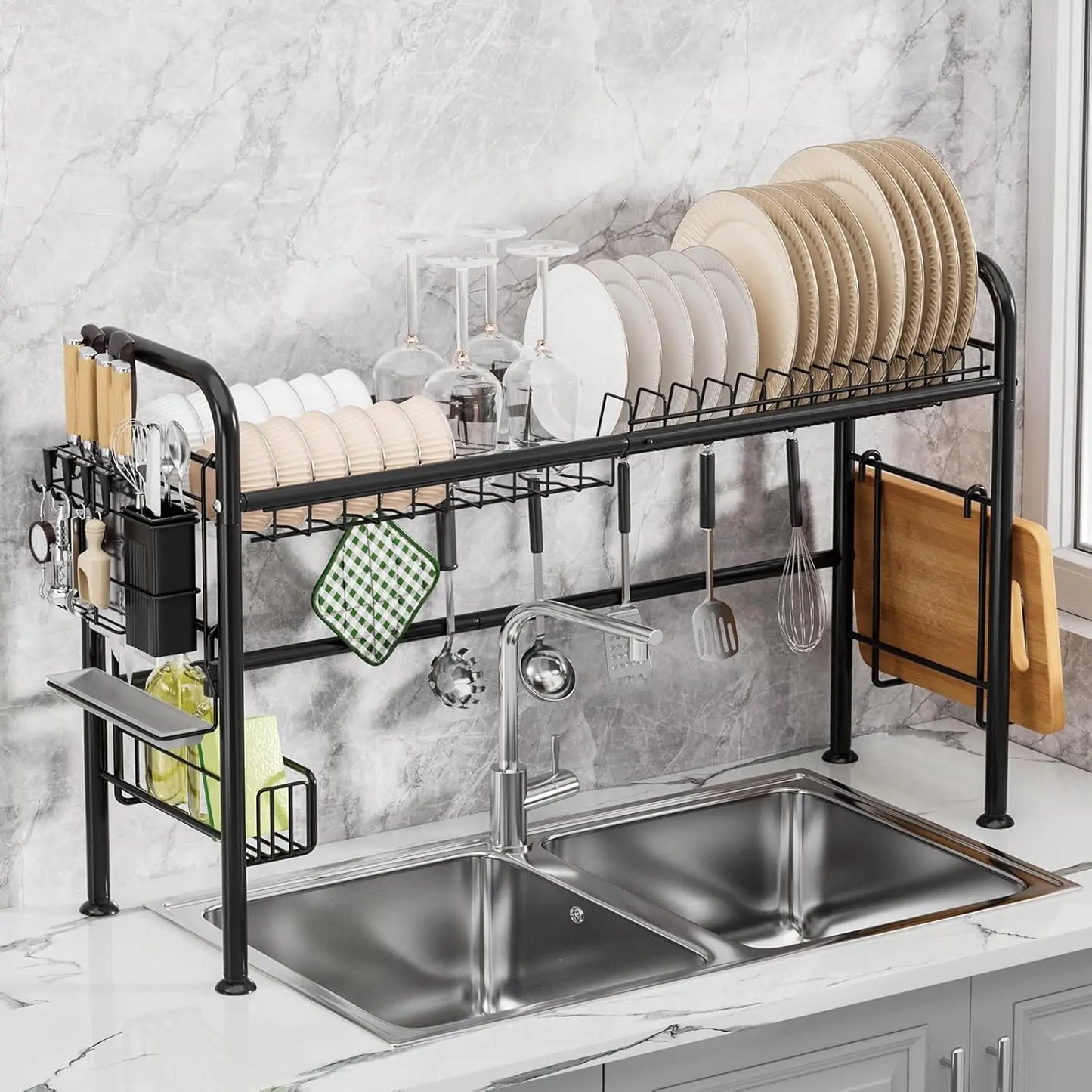 Over The Sink Dish Drying Rack, 2 Tier Above Sink Dish Drainer Drying Rack with Utensil Holder for Kitchen Counter, Rustproof