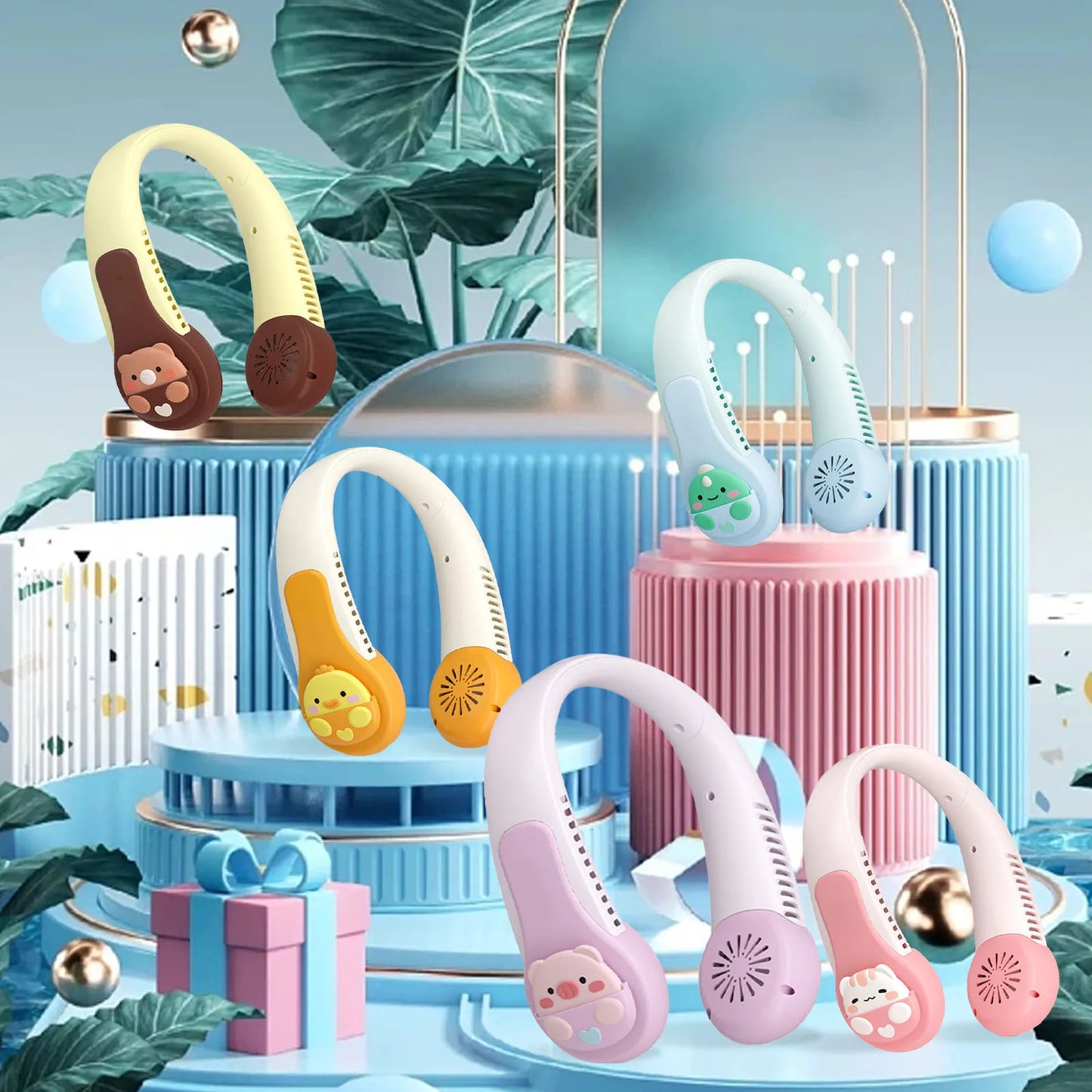 Neck Fan Cartoon Cooling Fan Portable USB Rechargeable Quiet Operation Anti Twist AC Fan with Built in Battery for Kids Adults O