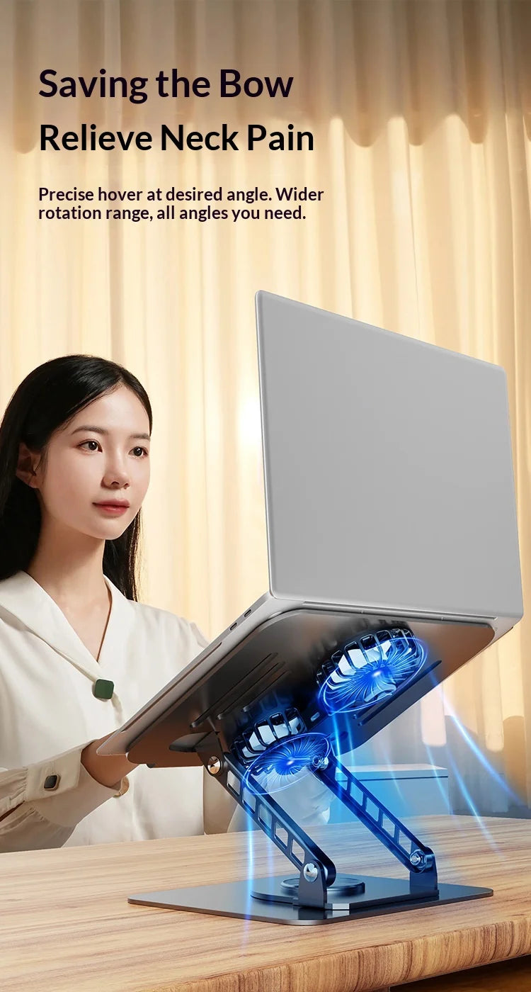360 Degree Rotating Full Metal Laptop Cooling Bracket with Quiet Fan Ergonomic Laptop Stand for MacBook Lenovo Dell