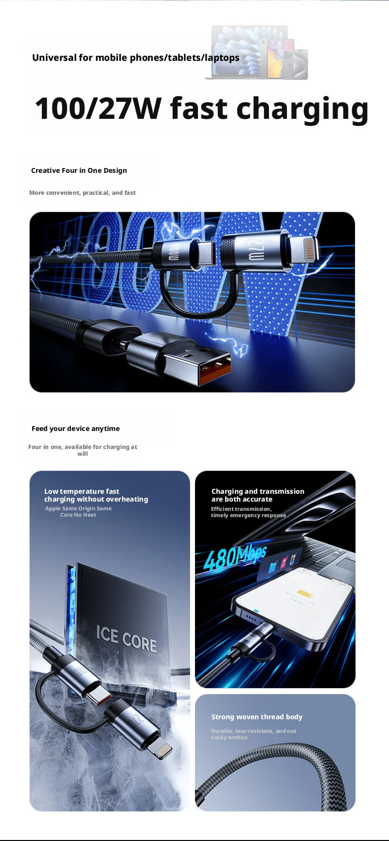 ANSEIP PD 100W USB Type C 4 in 1 Data Cable Fast Charging for iPhone 17 16 15 14 13 Samsung Huawei Xiaomi  Fast Transfer Cable