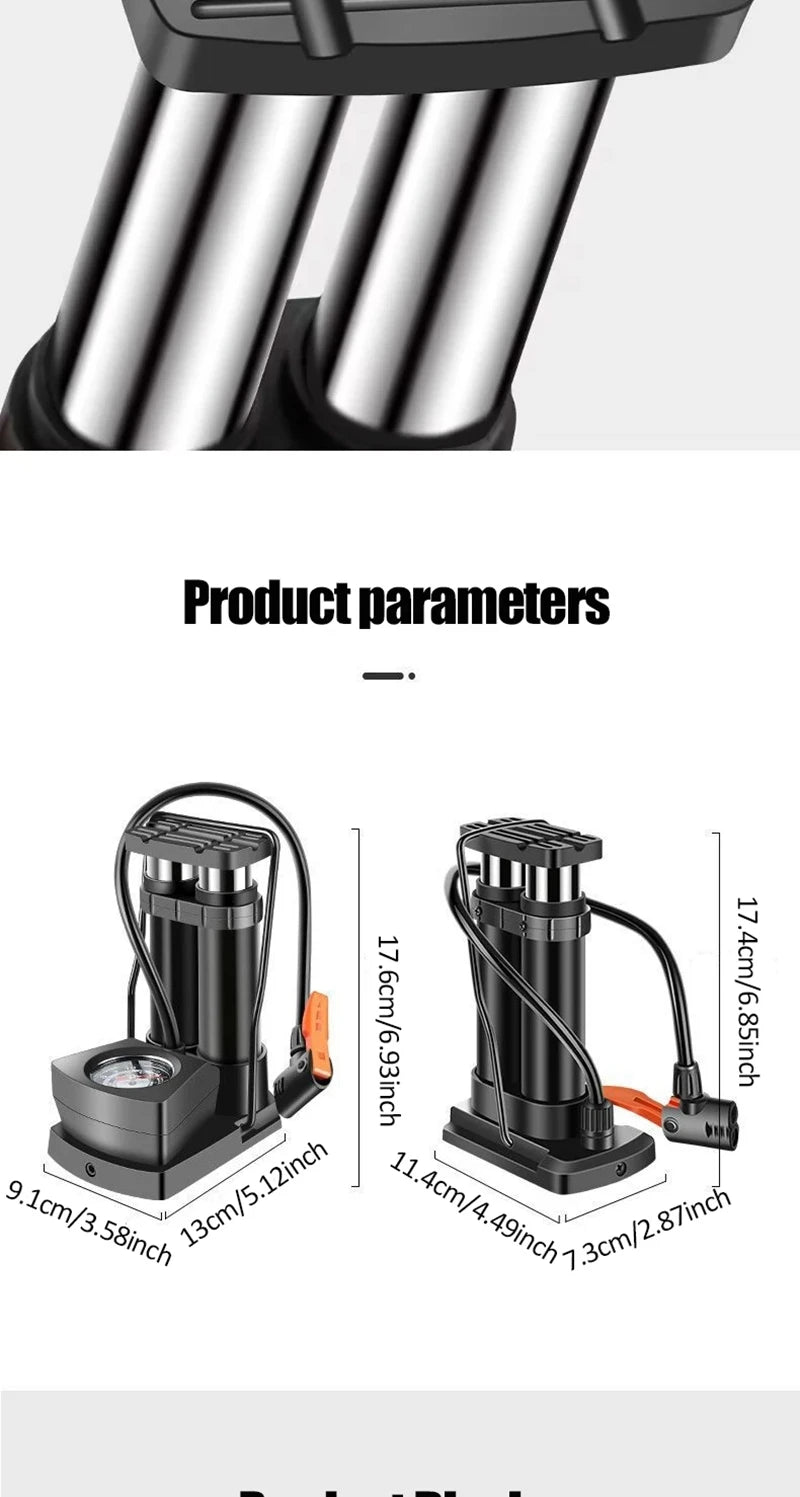 Heavy-Duty Bicycle Foot Pump with Pressure Gauge, Portable High Pressure Air Pump for Bike & Car Tires, Fast Inflation