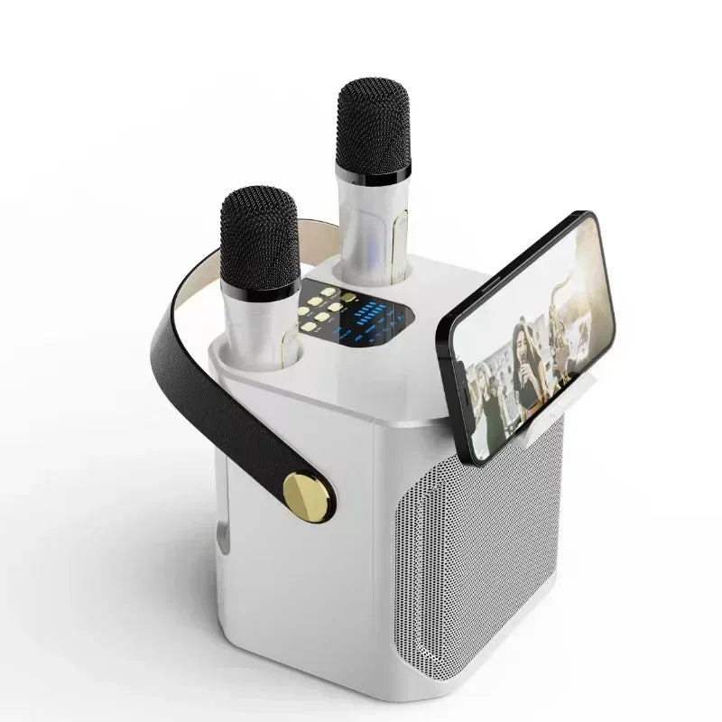 High Power Karaoke Bluetooth Speaker Portable 360 Stereo Surround Wireless Subwoofer with 2 Microphone Boombox Child Home Gift