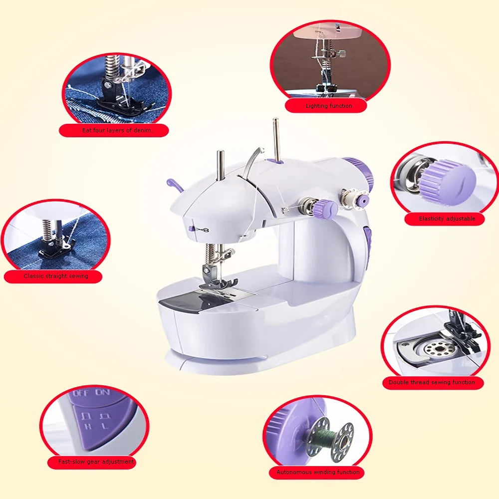 Mini Sewing Machine with Extension Station Table for Beginners, Home Double Speed Foot Pedal Straight Sewing Tool, Gift for Kids