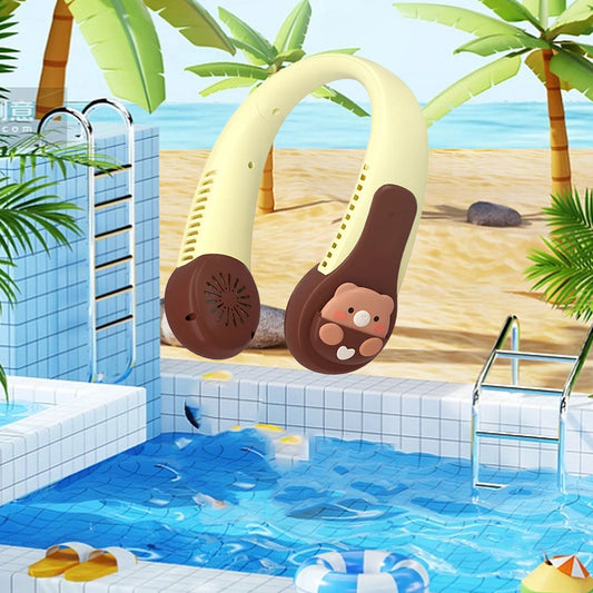 Neck Fan Cartoon Cooling Fan Portable USB Rechargeable Quiet Operation Anti Twist AC Fan with Built in Battery for Kids Adults O
