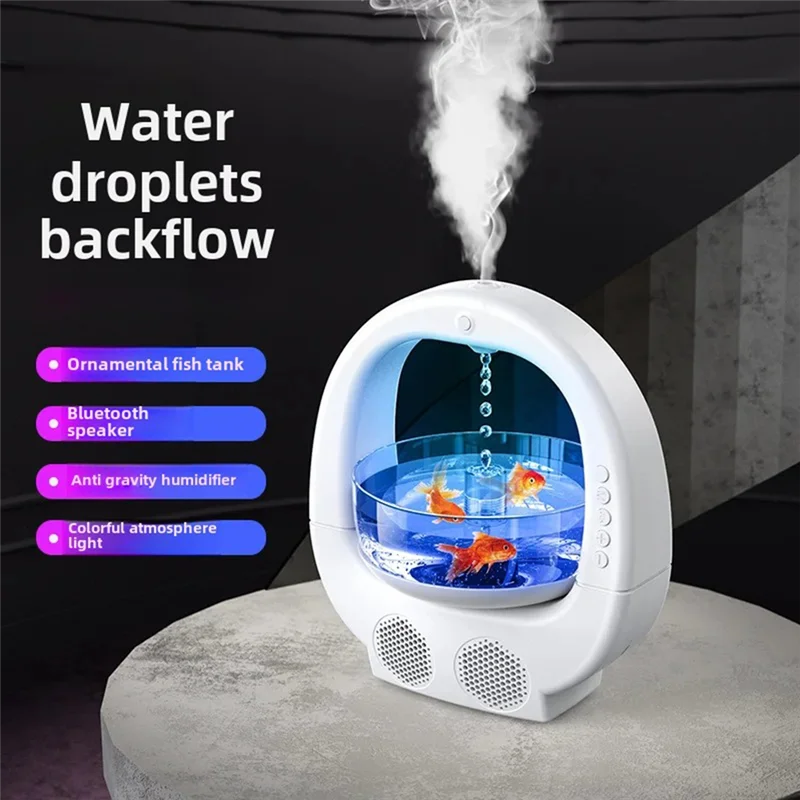 Bluetooth Speaker Humidifier Anti Gravity Water Drop with Fish Tank Colorful Lights for Home Office Desktop Decoration