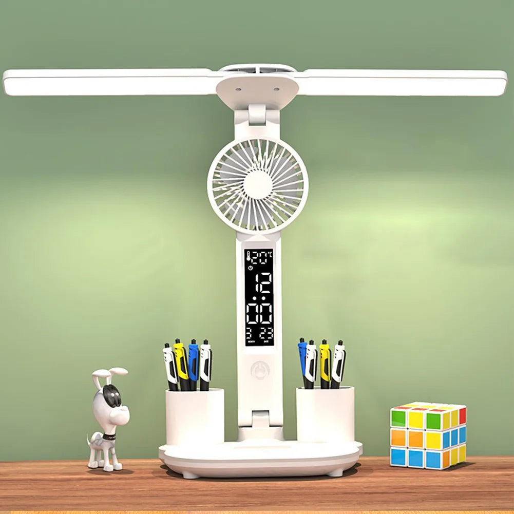 Folding Desk Lamp Fan Calendar Clock Display Dimmable Dual Head LED Desk Lamp Fan Eye Protection Reading Light for Bedroom Study
