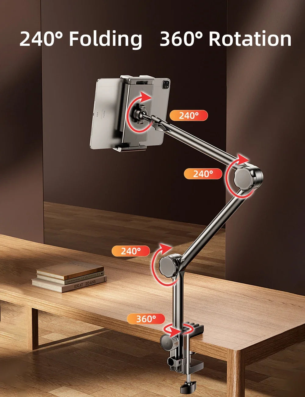 For iPad Air 11 M2 2024 Stands Tablet Holder Desk Stand with 360° Adjustable Foldable Metal Arm Bracket for Phone Tablets