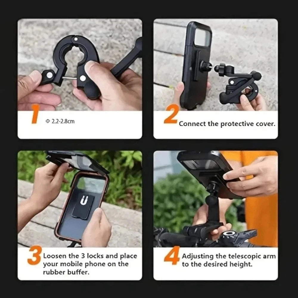 Adjustable Bike Phone Mount 360 Rotatable Retractable Arm Motorcycle Phone Holder Waterproof Shockproof with Touchscreen