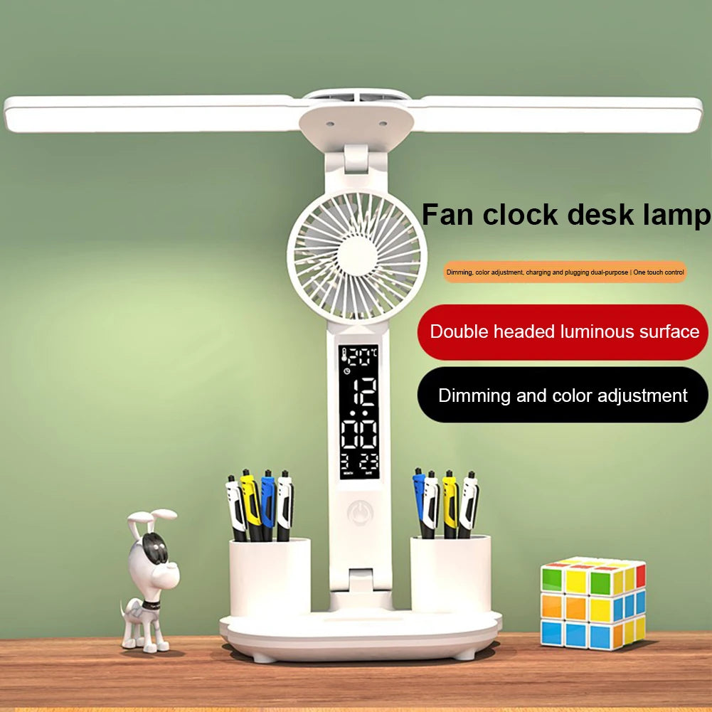 Folding Desk Lamp Fan Calendar Clock Display Dimmable Dual Head LED Desk Lamp Fan Eye Protection Reading Light for Bedroom Study