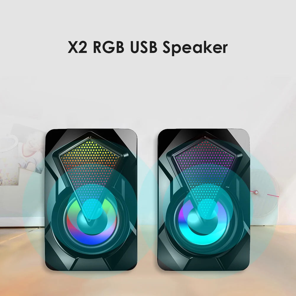 X2 USB Powered Computer Speakers 3Wx2 Multimedia Bass Speakers with RGB Light