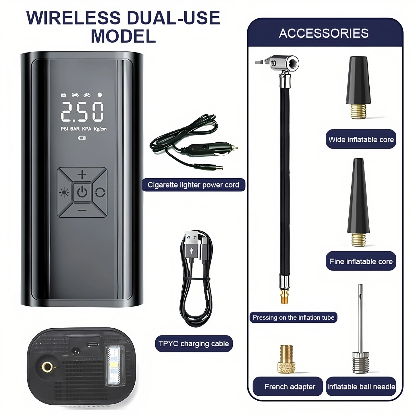 120W Handheld Air Compressor Wireless/Wired Without any battery Inflatable Pump Portable Air Pump Tire Inflator Digital for Car