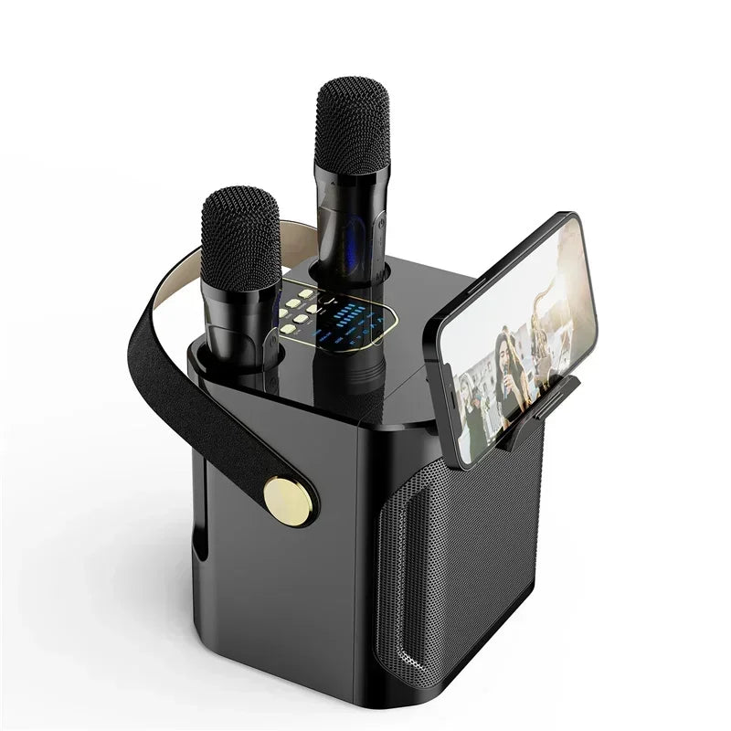 High Power Karaoke Bluetooth Speaker Portable 360 Stereo Surround Wireless Subwoofer with 2 Microphone Boombox Child Home Gift
