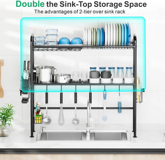 Over The Sink Dish Drying Rack, 2 Tier Above Sink Dish Drainer Drying Rack with Utensil Holder for Kitchen Counter, Rustproof