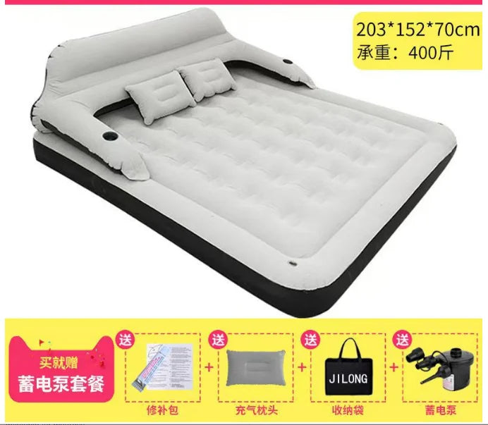 Inflatable mattress sofa bed with headboard and pillows, versatile ergonomic design for outdoor overnight guests