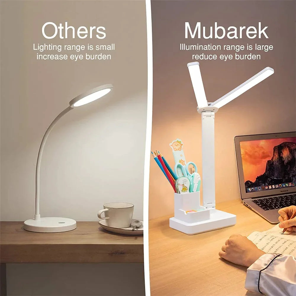 LED Desk Lamp USB Dimmable Touch Foldable Table Lamp with Calendar Temperature Clock Night Light for Study Reading Lamp