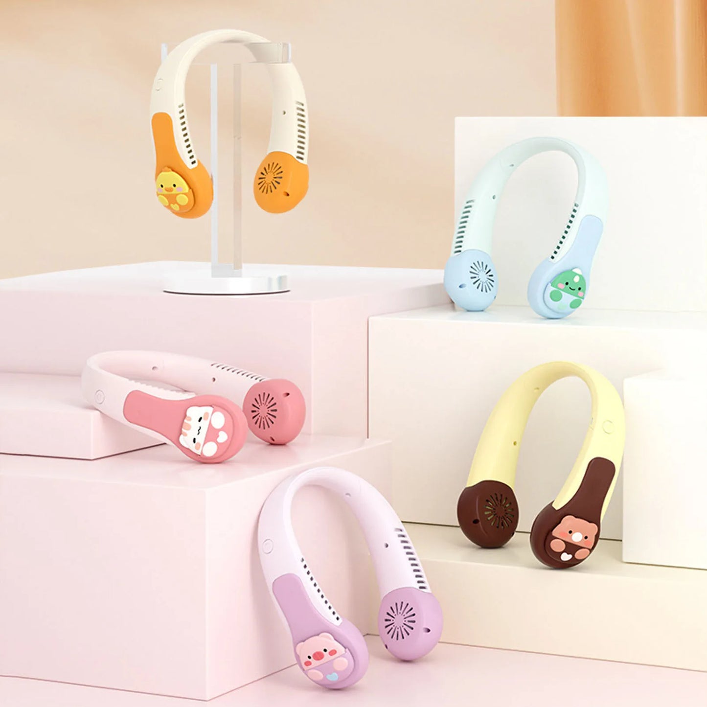 Neck Fan Cartoon Cooling Fan Portable USB Rechargeable Quiet Operation Anti Twist AC Fan with Built in Battery for Kids Adults O