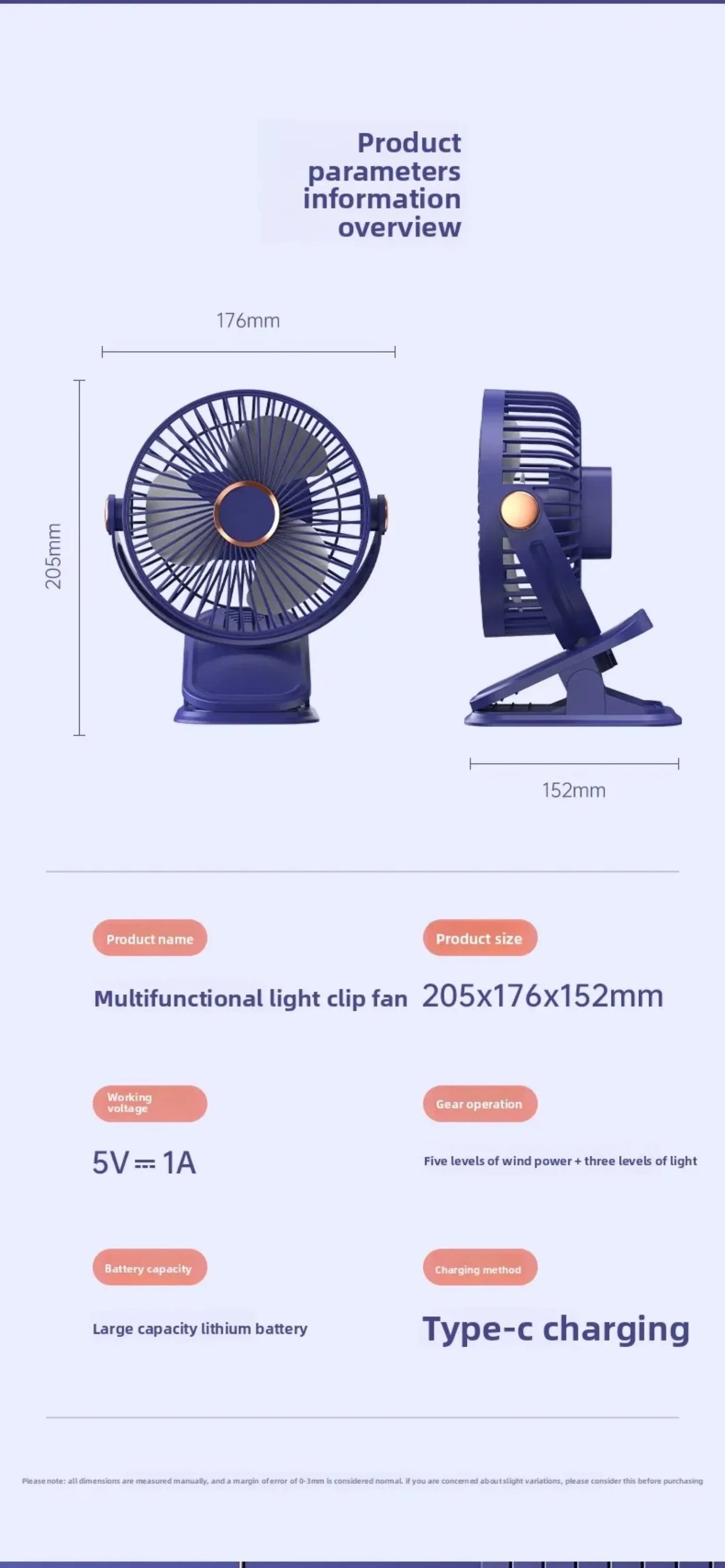 Portable Clip-on Fan 4-in-1 Quiet DC Brushless Motor Mini Desk Fan With 3Level Night Light 720° Rotation For Home Office Camping