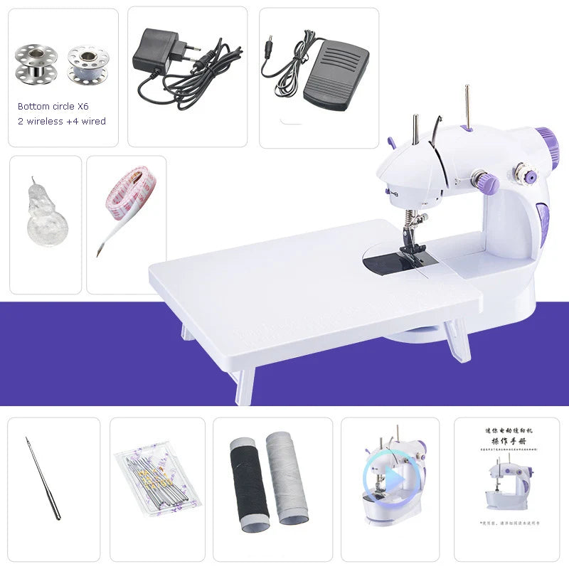 Mini Sewing Machine with Extension Station Table for Beginners, Home Double Speed Foot Pedal Straight Sewing Tool, Gift for Kids