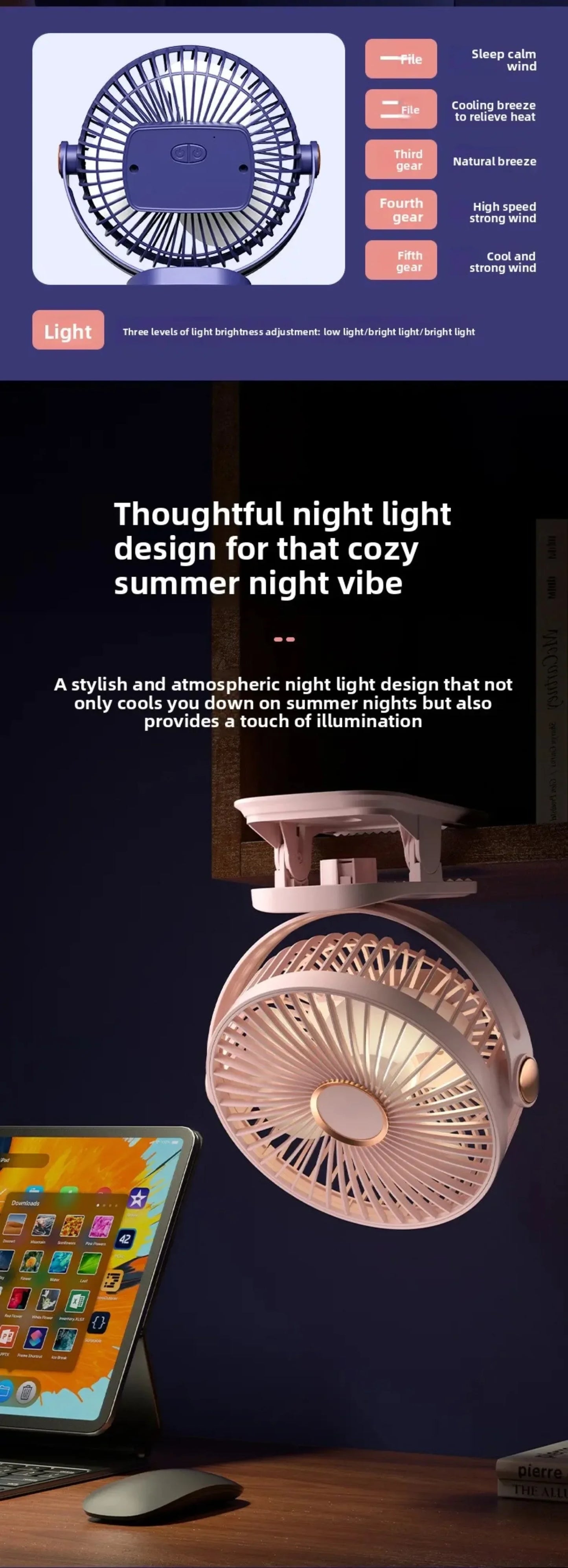 Portable Clip-on Fan 4-in-1 Quiet DC Brushless Motor Mini Desk Fan With 3Level Night Light 720° Rotation For Home Office Camping