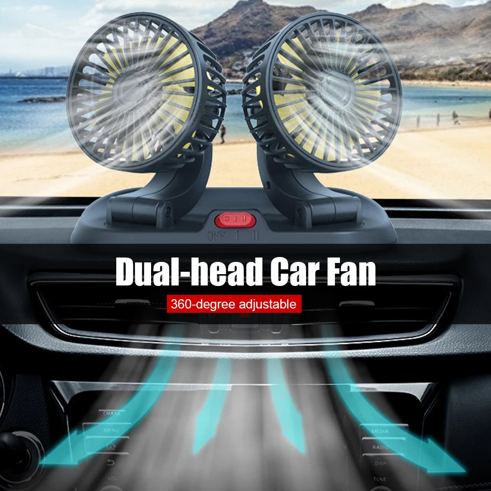 Dual-Head Car Fan 5V Cooling Car Fan 12V Cigarette Lighter 360° Rotatable Mini Ventilador Low Noise Universal Fan