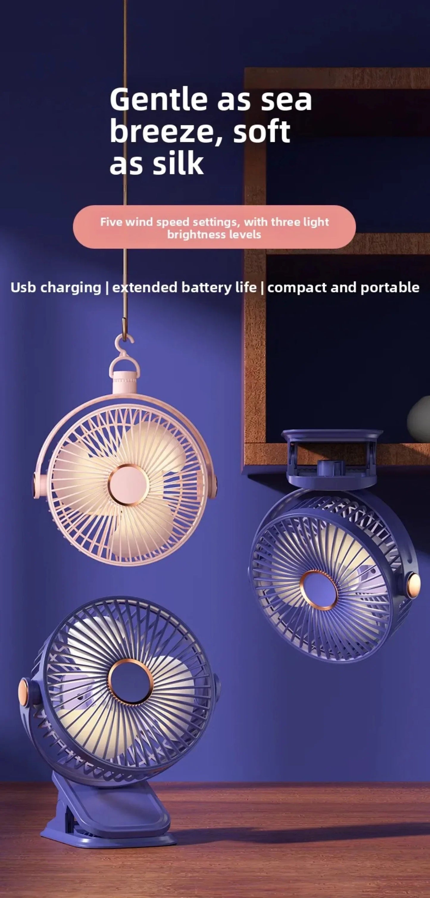 Portable Clip-on Fan 4-in-1 Quiet DC Brushless Motor Mini Desk Fan With 3Level Night Light 720° Rotation For Home Office Camping