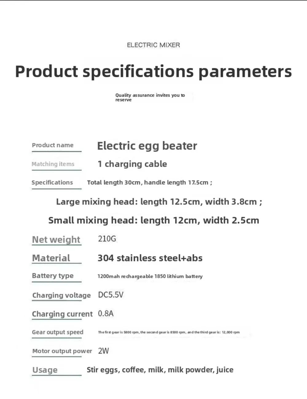 Handheld Electric Blender 3 Adjustable Speeds 2 Mixing Heads Electric Milk Frother Mini Portable Coffee Foamer Cream Whipping