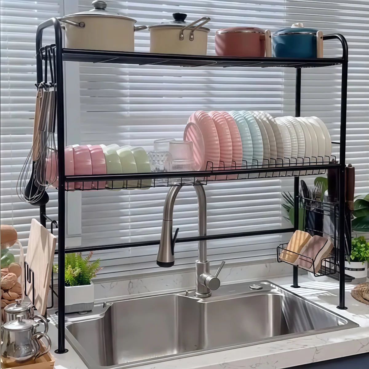 Over The Sink Dish Drying Rack, 2 Tier Above Sink Dish Drainer Drying Rack with Utensil Holder for Kitchen Counter, Rustproof