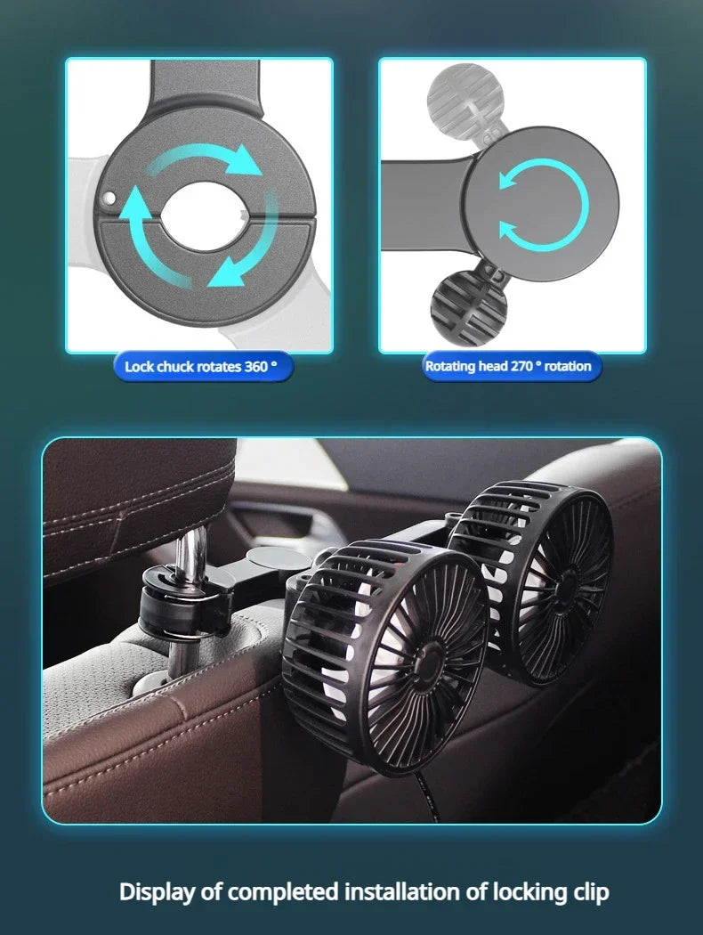 12V 24V Car Fan USB Charge Dual Head Fan 360 Degree Rotation 3-speed Car Seat Back Cooling Fan for Summer Car Accessories