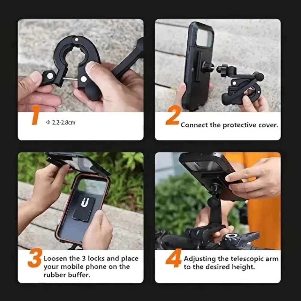 Adjustable Bike Phone Mount 360 Rotatable Retractable Arm Motorcycle Phone Holder Waterproof Shockproof with Touchscreen