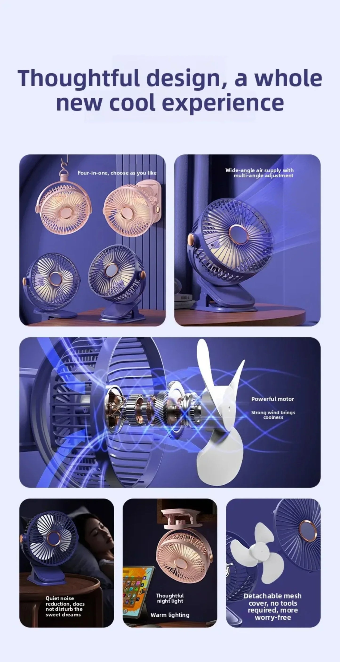 Portable Clip-on Fan 4-in-1 Quiet DC Brushless Motor Mini Desk Fan With 3Level Night Light 720° Rotation For Home Office Camping