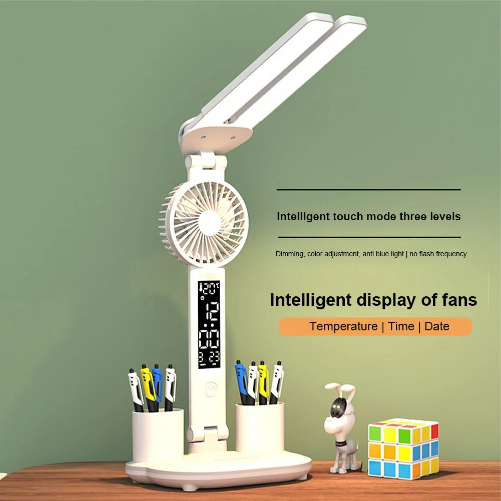 Folding Desk Lamp Fan Calendar Clock Display Dimmable Dual Head LED Desk Lamp Fan Eye Protection Reading Light for Bedroom Study