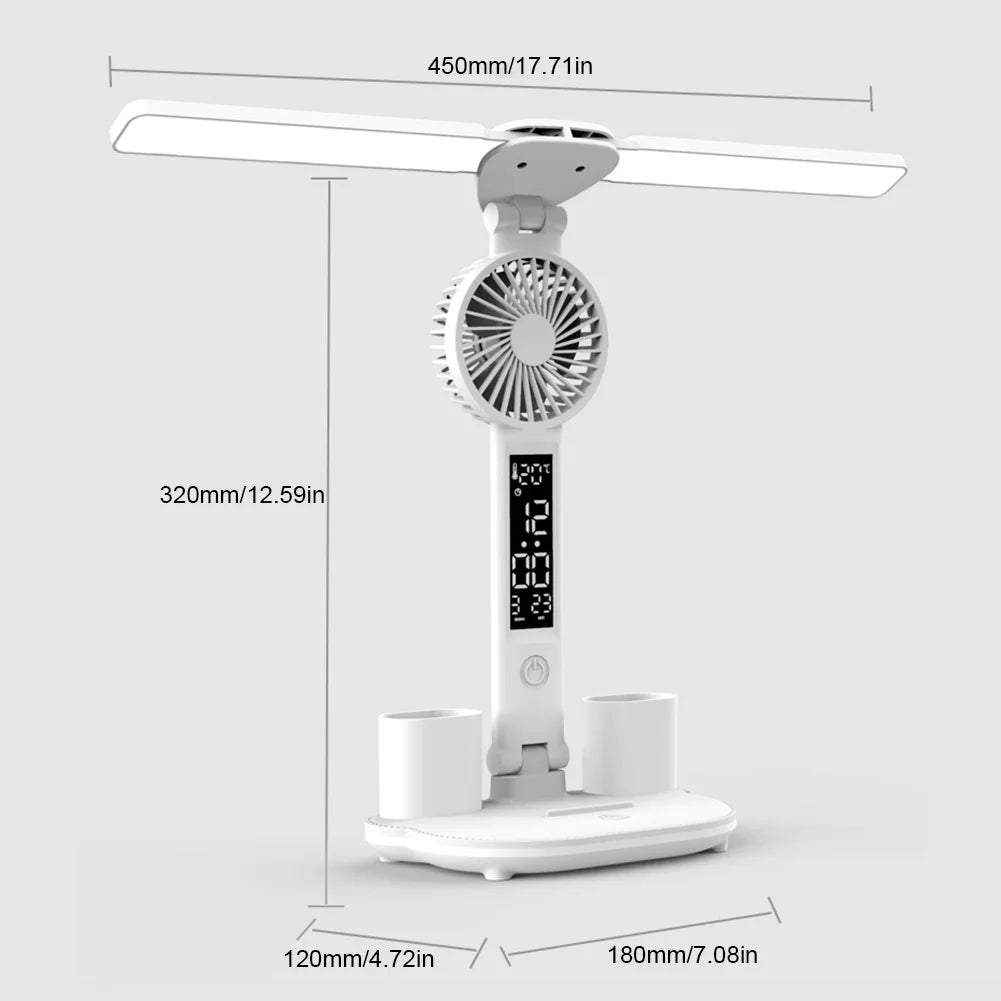Folding Desk Lamp Fan Calendar Clock Display Dimmable Dual Head LED Desk Lamp Fan Eye Protection Reading Light for Bedroom Study