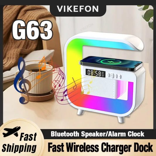 Multifunctional Atmosphere RGB Desk Clock Nightlight Wireless Charger Bluetooth Speakers for iPhone Samung Xiaomi Fast Charging